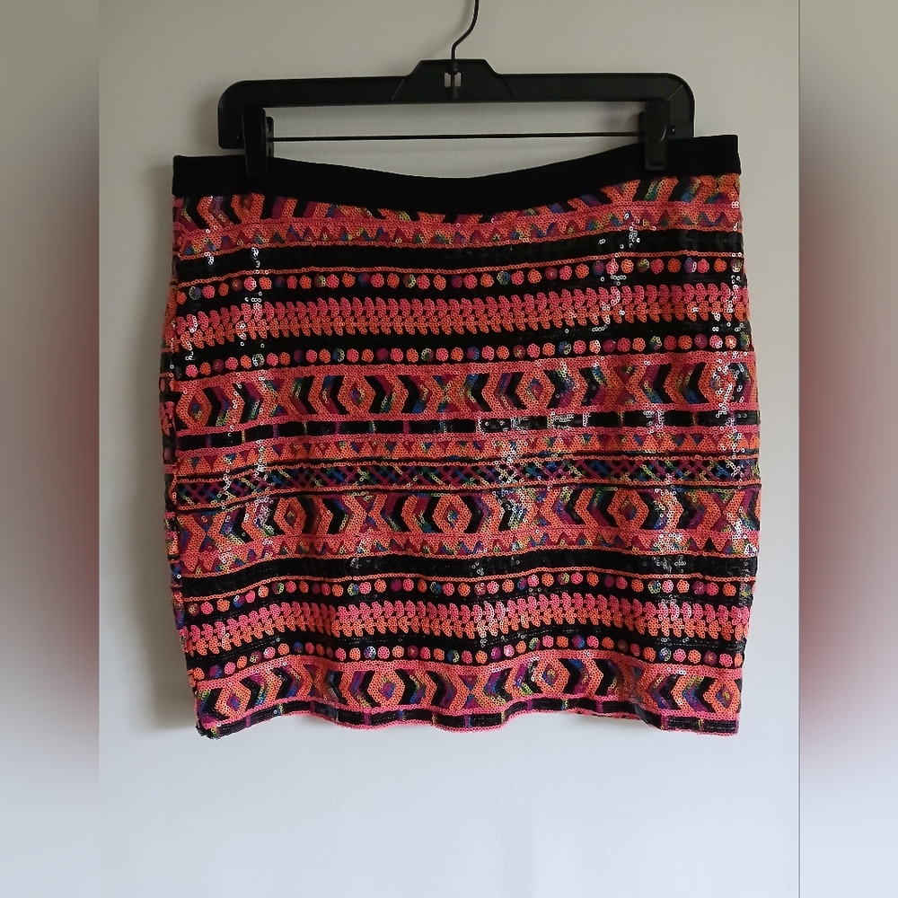 Women's Potter's Pot multi colored short flat sequin skirt SzL lined back zipper